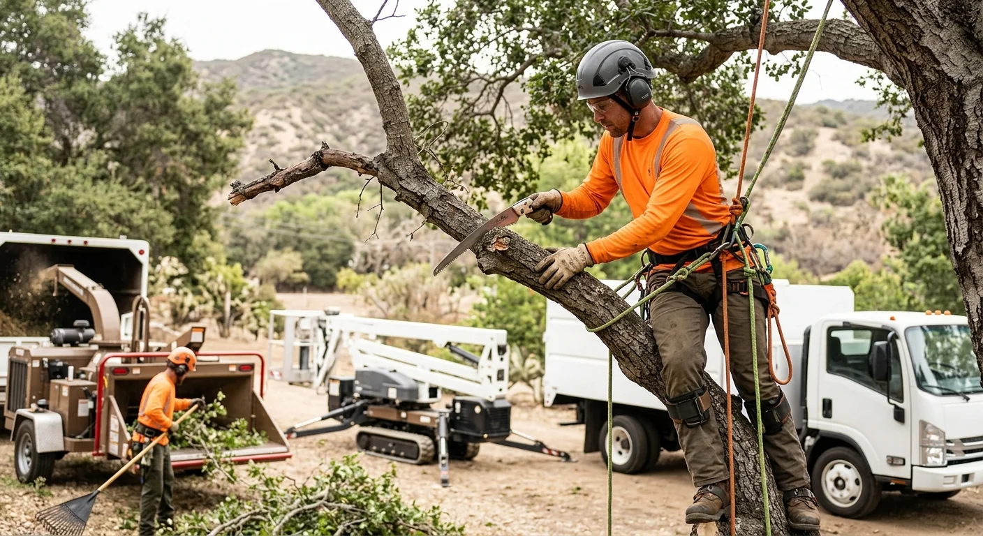 Crew measuring a brush-covered hillside lot before clearing work in Ojai