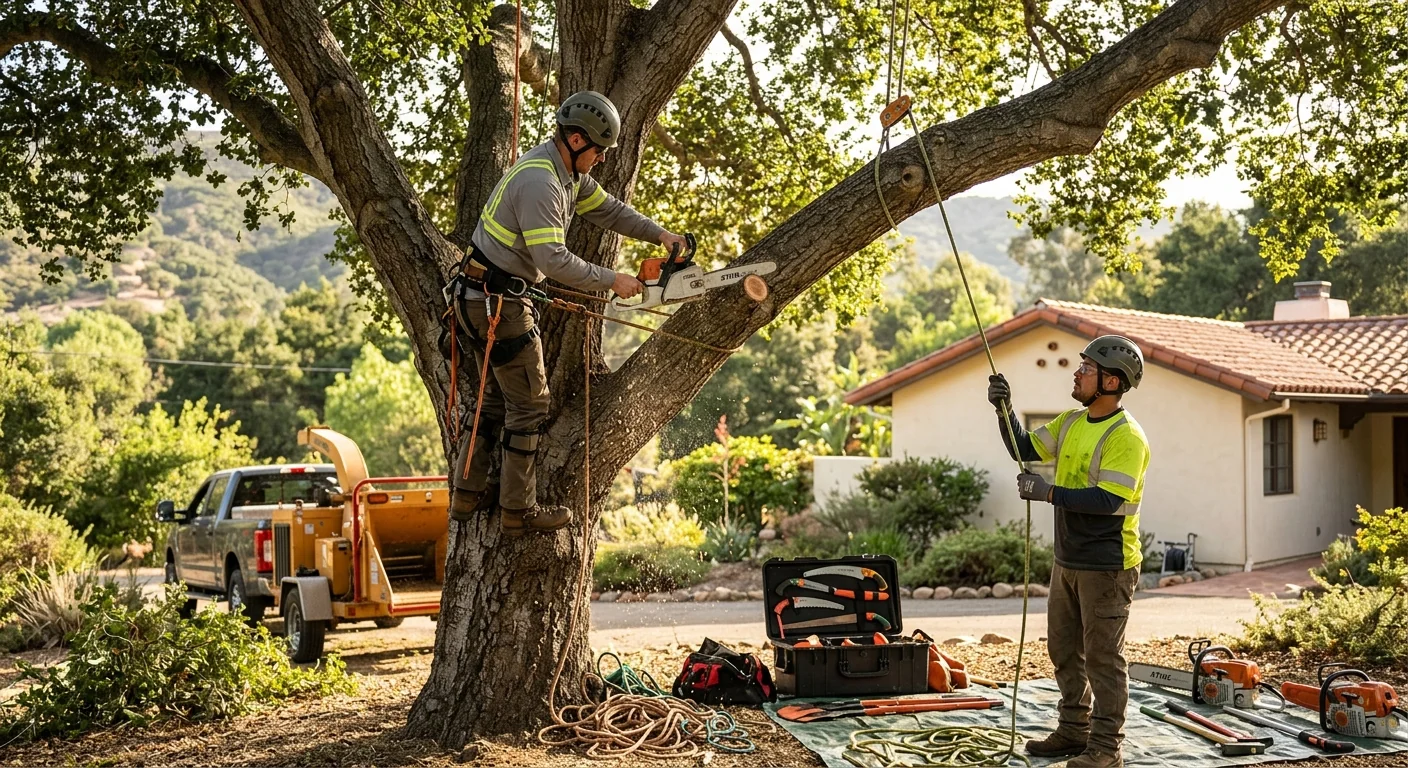 Tree crew clearing dense brush from a hillside property in Ojai