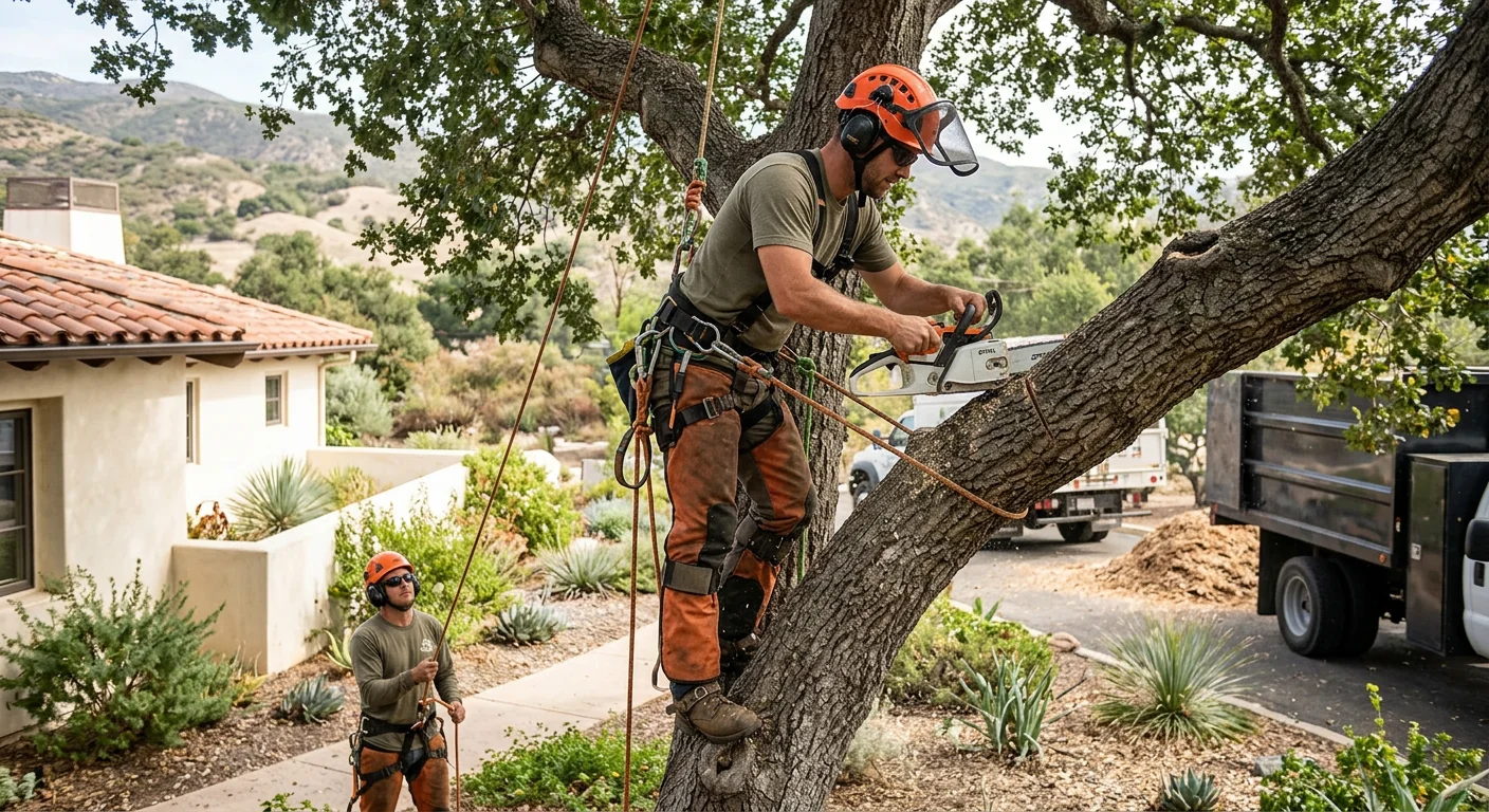 Trained technicians clearing dense brush along a defensible space perimeter in Ojai