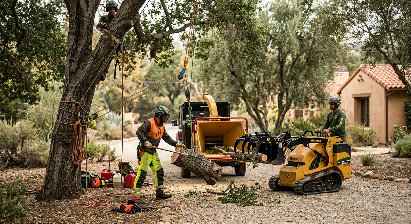 Crane lifting a large tree section over an Ojai home during removal