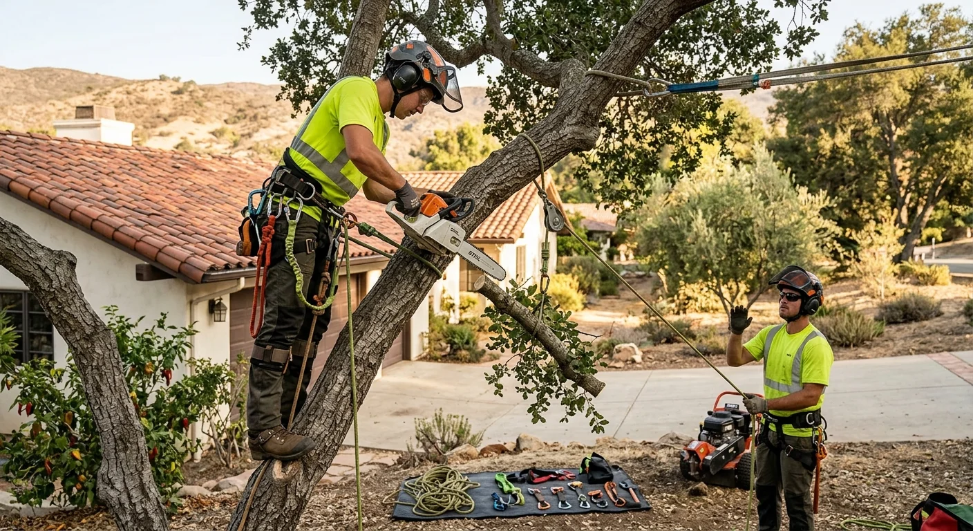 Crane positioned for precise tree removal on an Ojai residential property