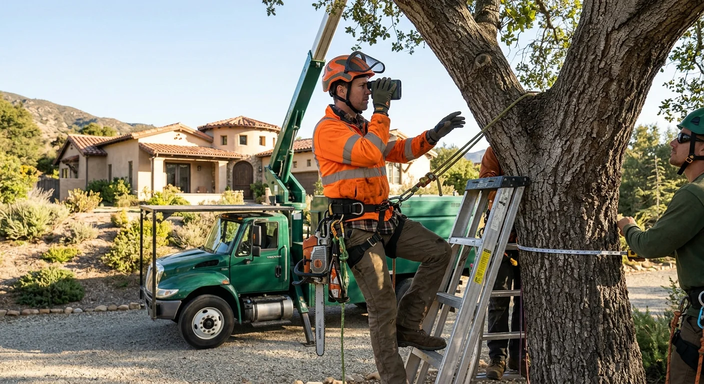 Mobile crane lifting a large tree section over an Ojai home
