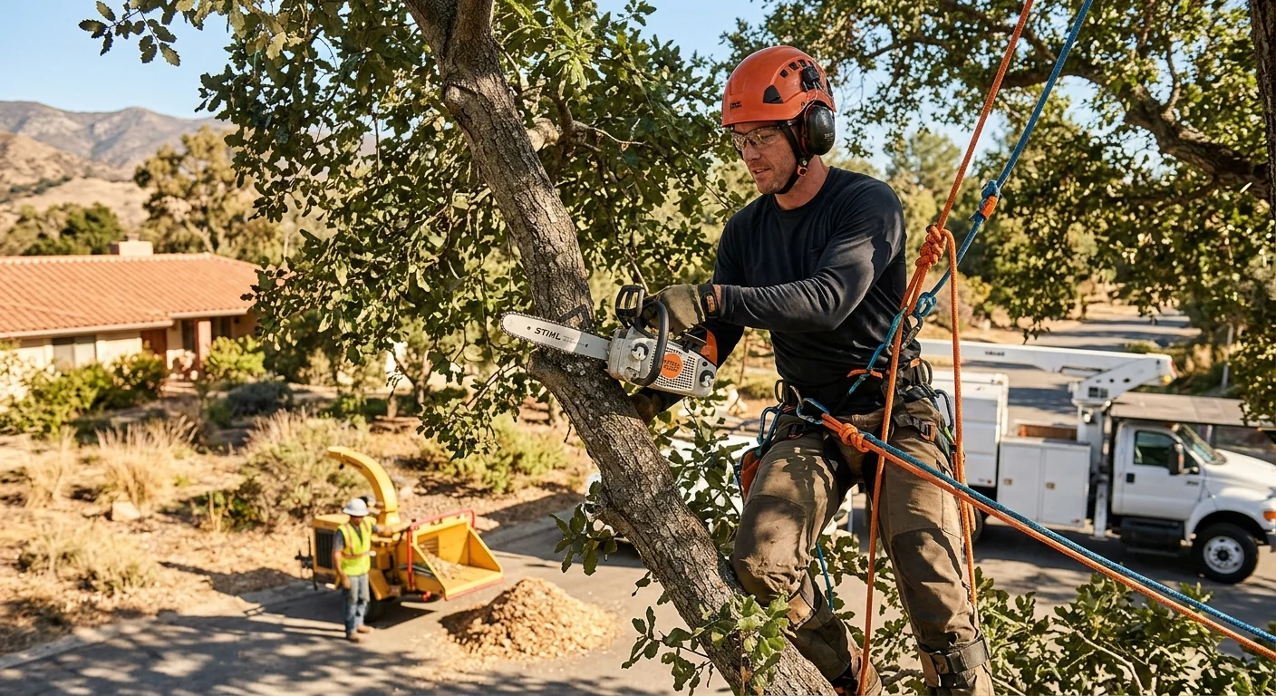 Leaning storm-damaged tree near an Ojai rooftop awaiting crane removal