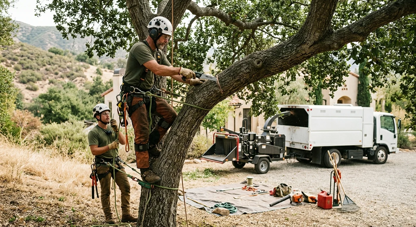 Trained crew directing crane rigging for tree removal on an Ojai property