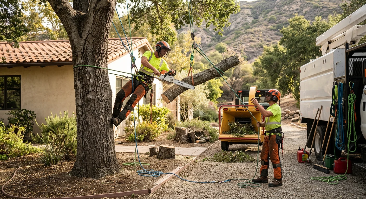 Arborist assessing a storm-damaged tree over a home in Ojai before emergency removal