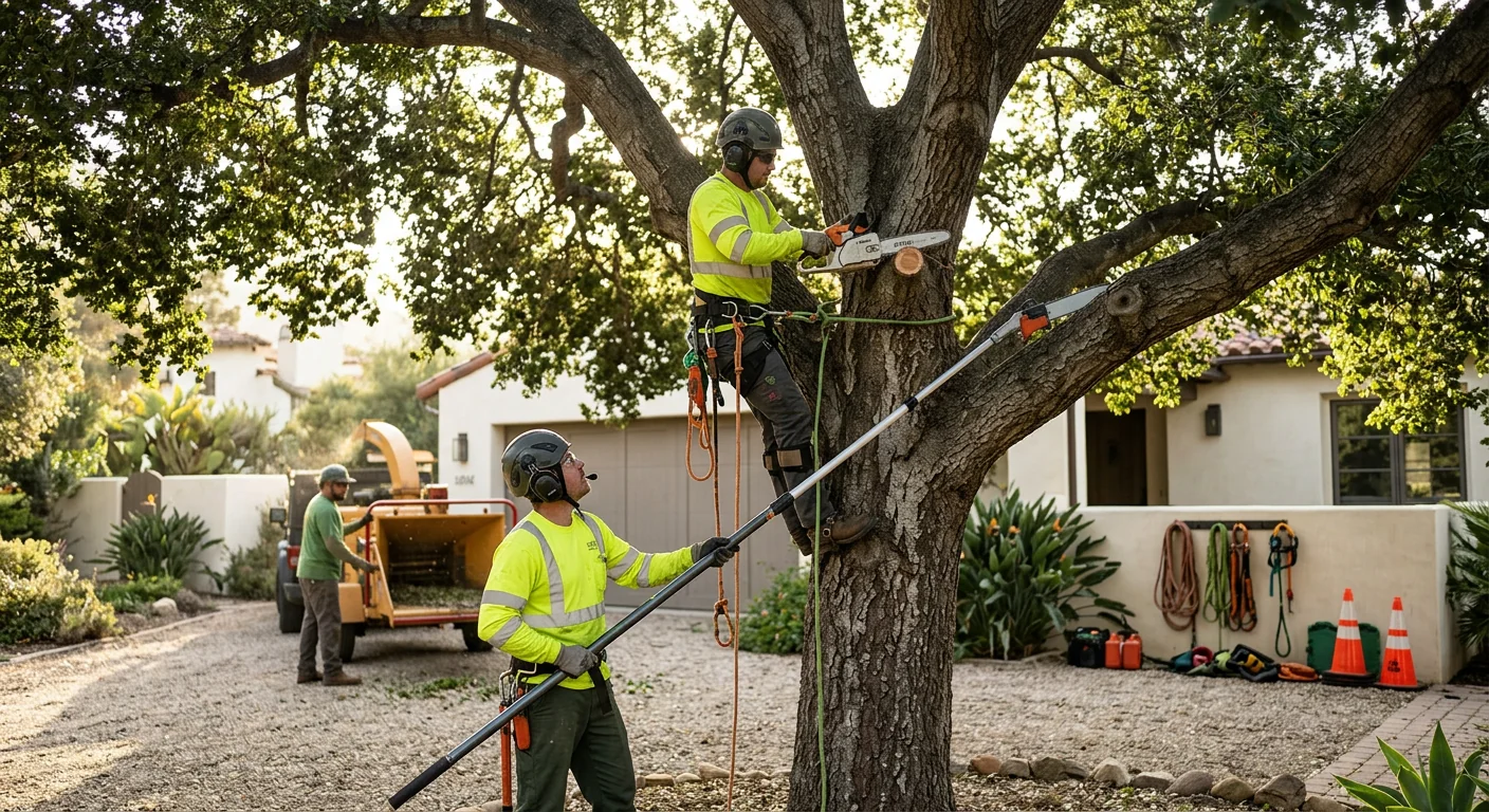 Arborist inspecting a storm-damaged tree during an emergency response in Ojai