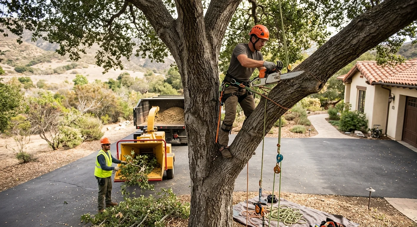 Tree crew removing a fallen storm-damaged limb from an Ojai residential yard