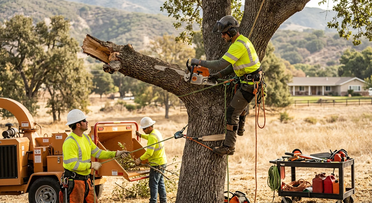 Split trunk and lifted root plate on a leaning tree near an Ojai home