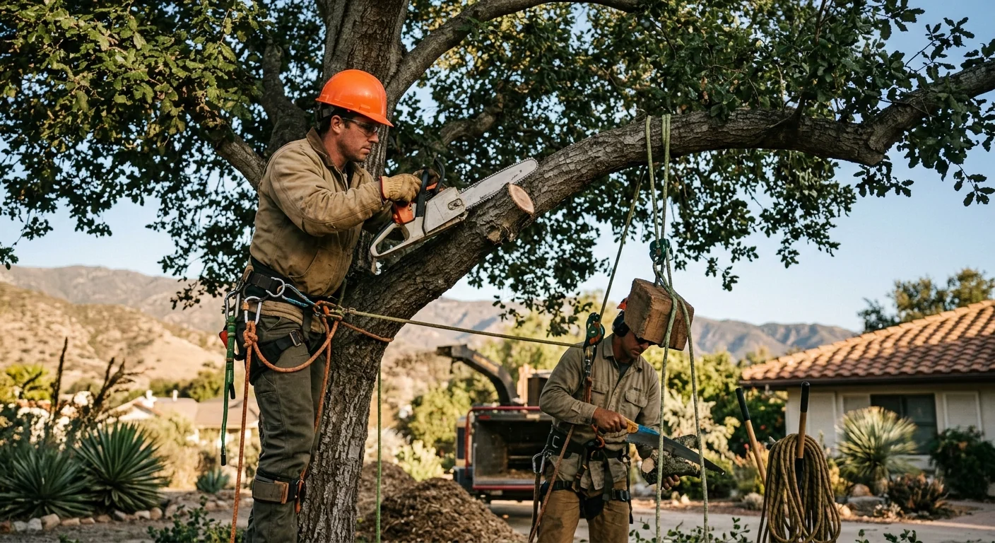 Tree crew safely lowering a large limb with rigging during emergency work in Ojai
