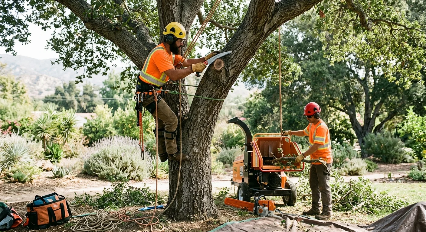 Arborist assessing a leaning hazardous tree near a home in Ojai