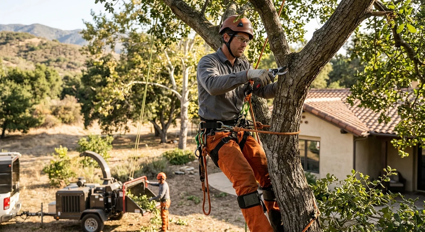 Certified arborist inspecting a hazardous leaning tree on an Ojai property