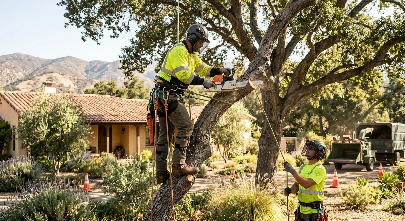 Arborist rigging a compromised tree for controlled sectional removal on an Ojai property