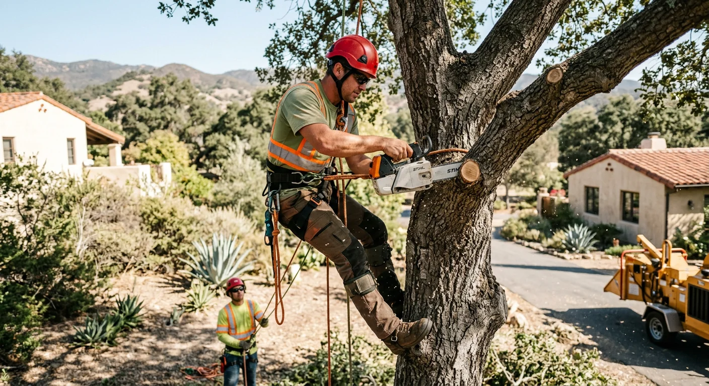Leaning decayed tree with cracked trunk threatening a home in Ojai