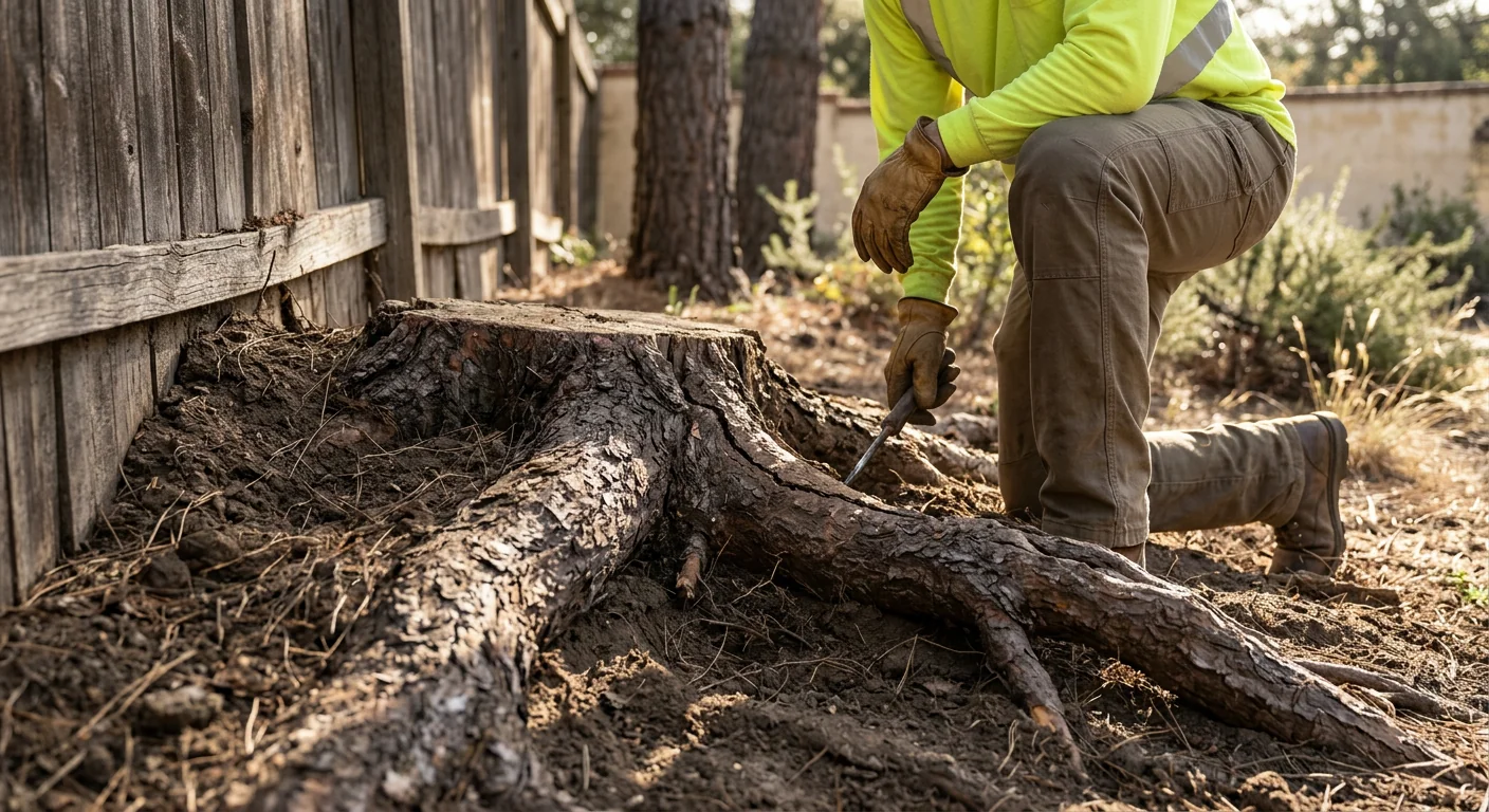 Leaning Pine Removed Near Property Line Fence