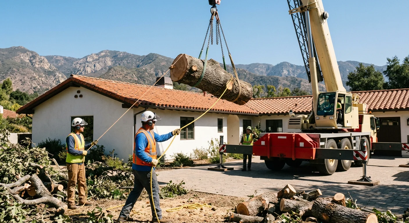 Crane-Assisted Removal of Compromised Tree Over Rooftop