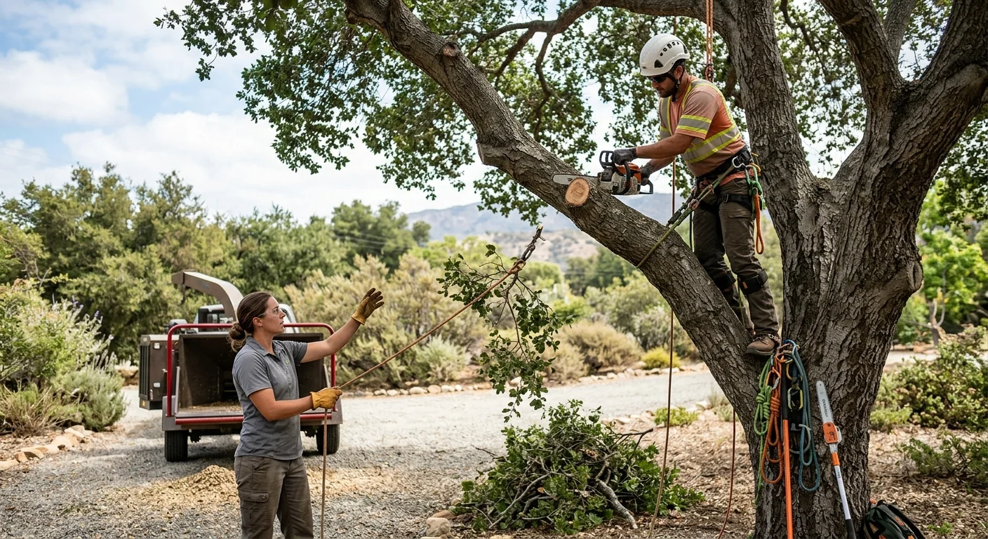 Crew safely lowering a large limb during hazardous tree removal in Ojai