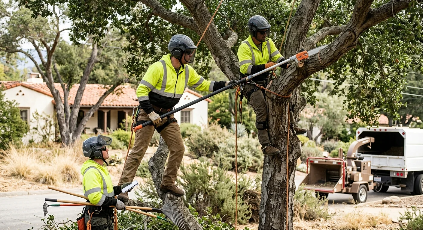Crew clearing brush and trees from an overgrown Ojai hillside lot