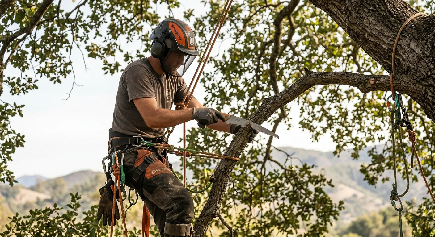 Overgrown Ojai lot with heavy brush and dead trees needing clearing