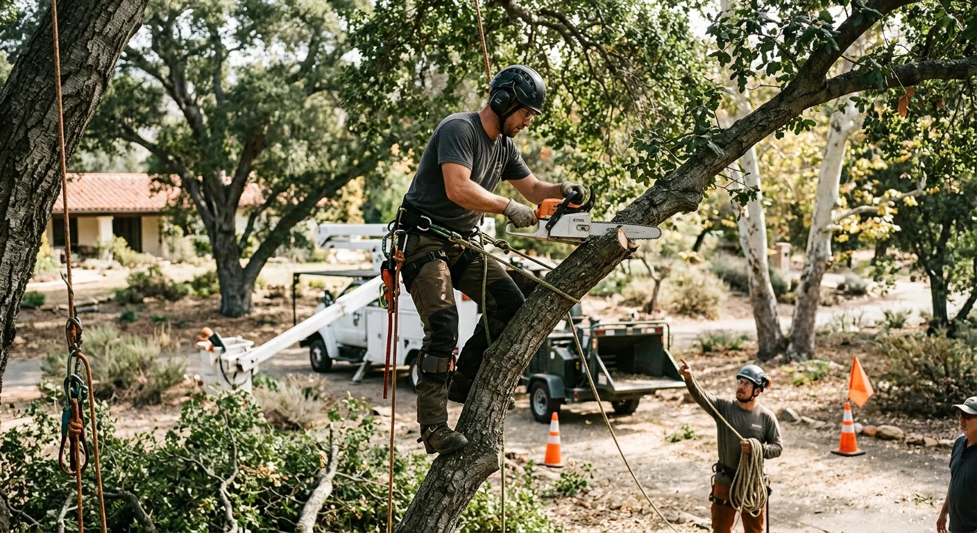 Technicians operating clearing equipment on a brush-covered lot near Ojai
