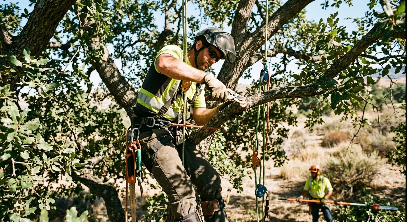 Crew assessing storm-damaged fallen tree limbs across an Ojai residential property