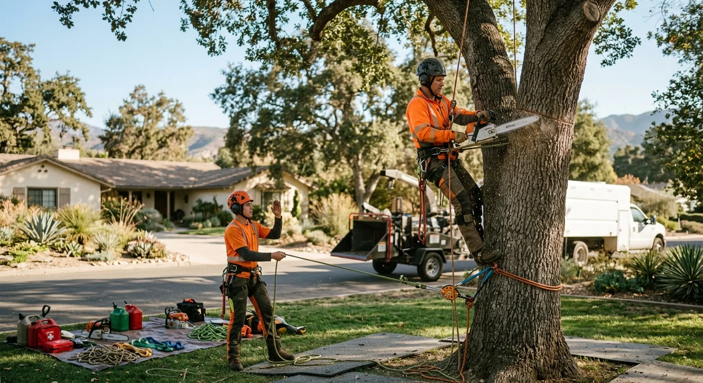 Crew clearing storm-damaged tree limbs from an Ojai residential yard