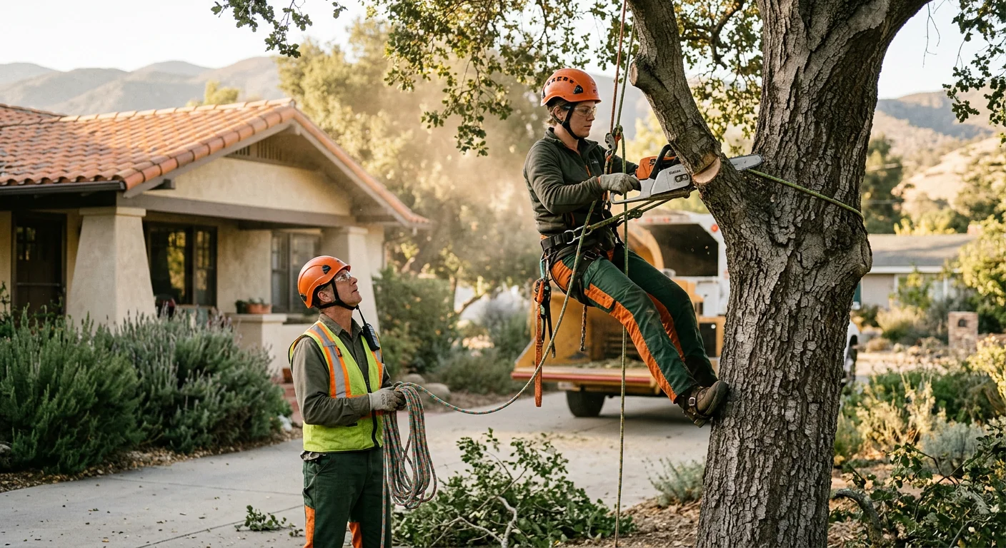 Crew clearing a fallen storm-damaged oak from an Ojai residential yard