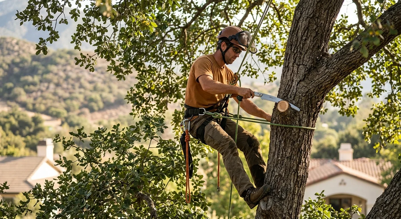 Split trunk and hanging limbs on a wind-damaged tree after an Ojai storm