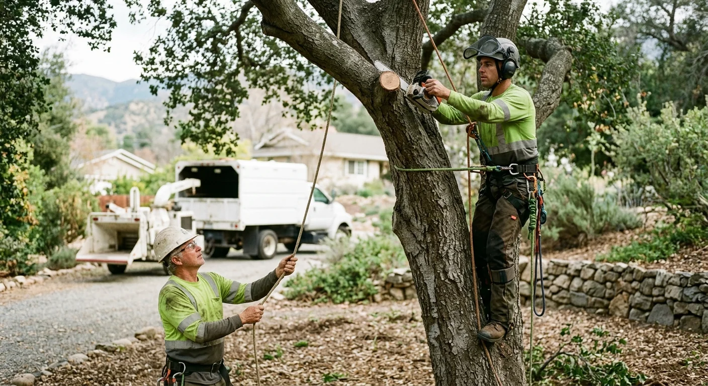 Technicians rigging and lowering a storm-damaged limb near an Ojai home