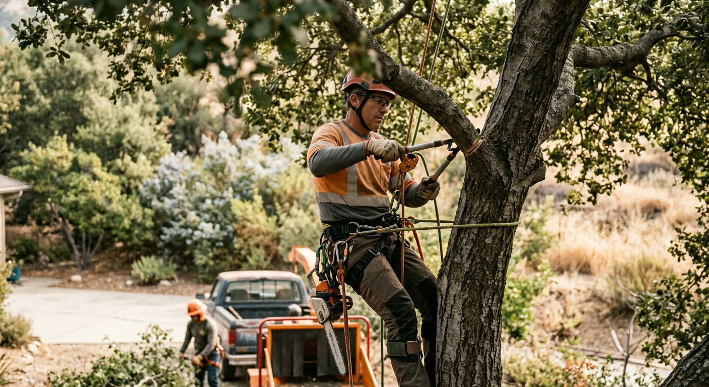 Technician measuring a tree stump diameter before grinding at an Ojai home