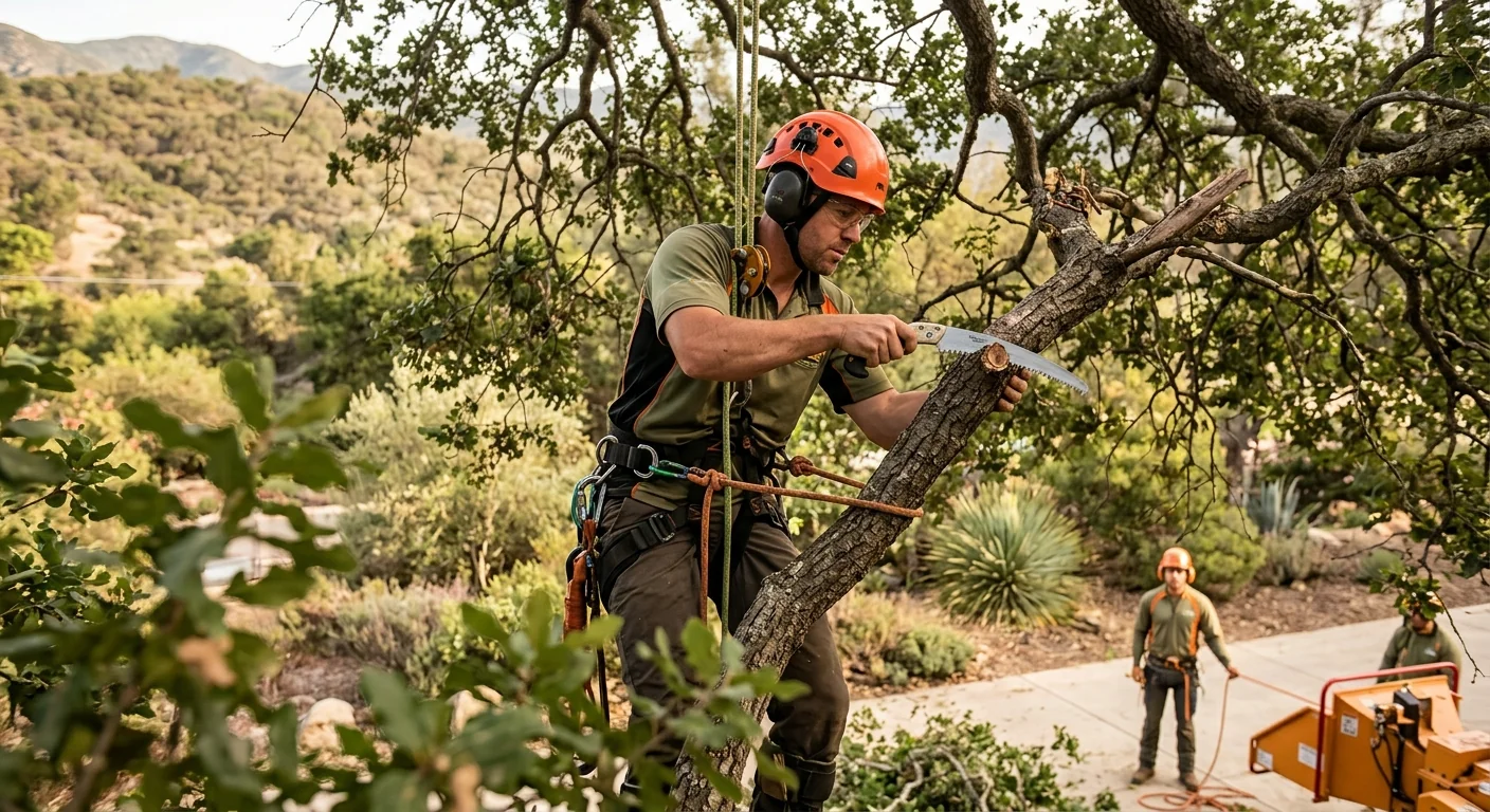 Technician operating a stump grinder on a residential Ojai property lot