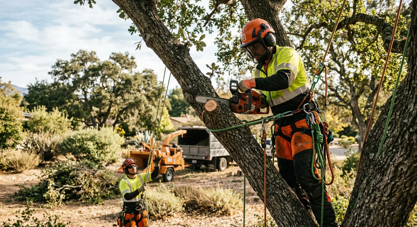 Arborist installing support cable in a mature oak canopy in Ojai
