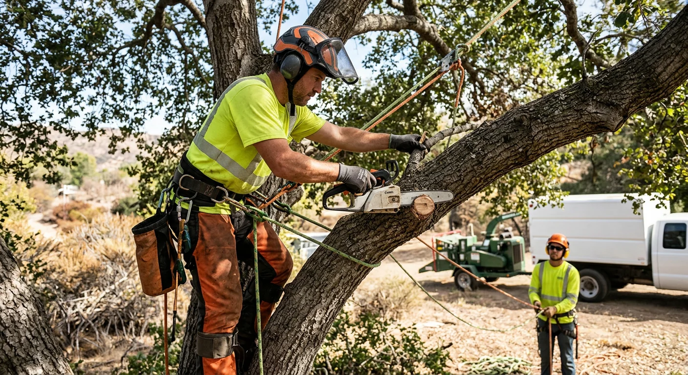 Arborist installing support cable in a mature oak canopy in Ojai