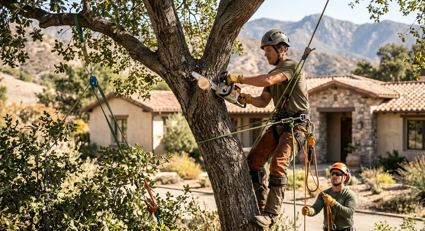Arborist installing steel support cable in a mature oak canopy in Ojai