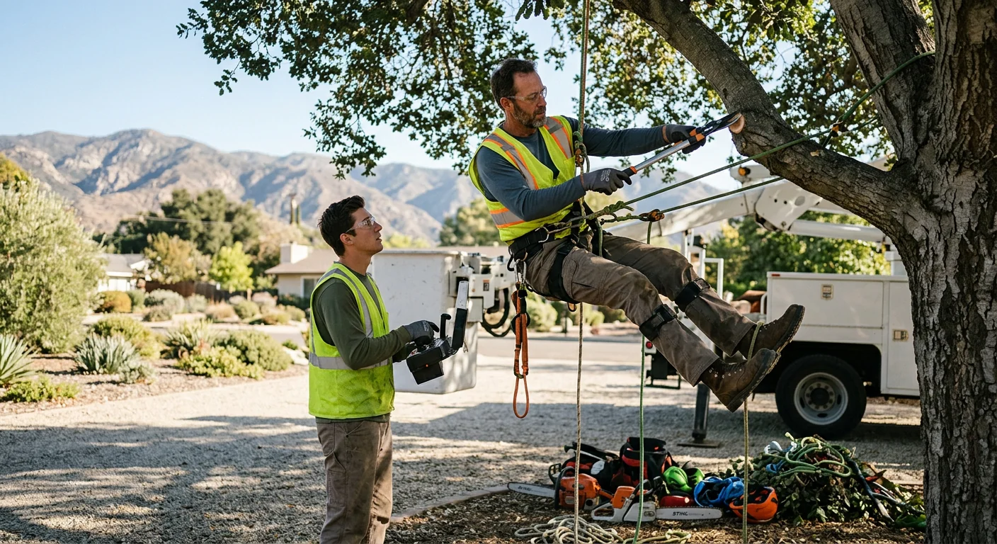 Technician checking cable tension on a braced tree limb in Ojai