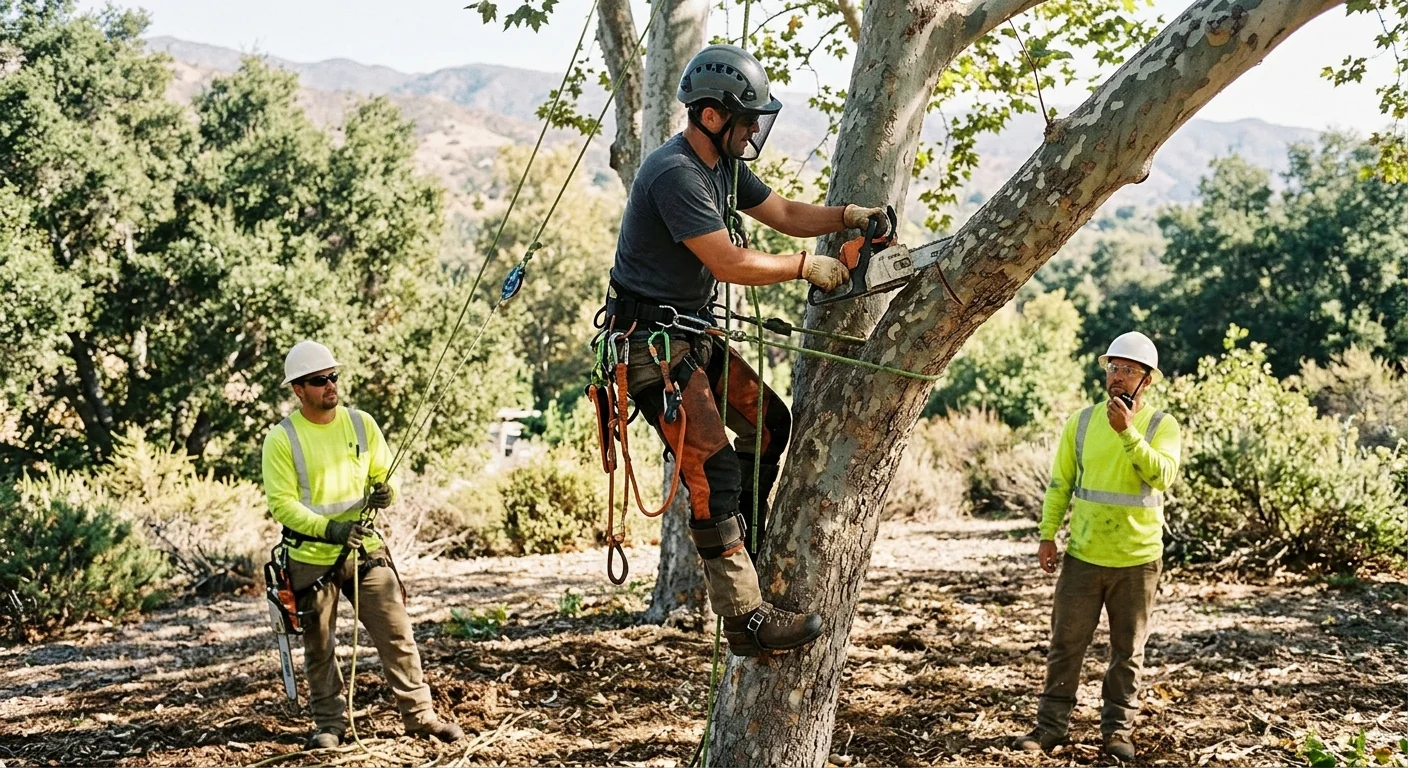 Arborist inspecting a mature oak canopy during a tree health assessment in Ojai