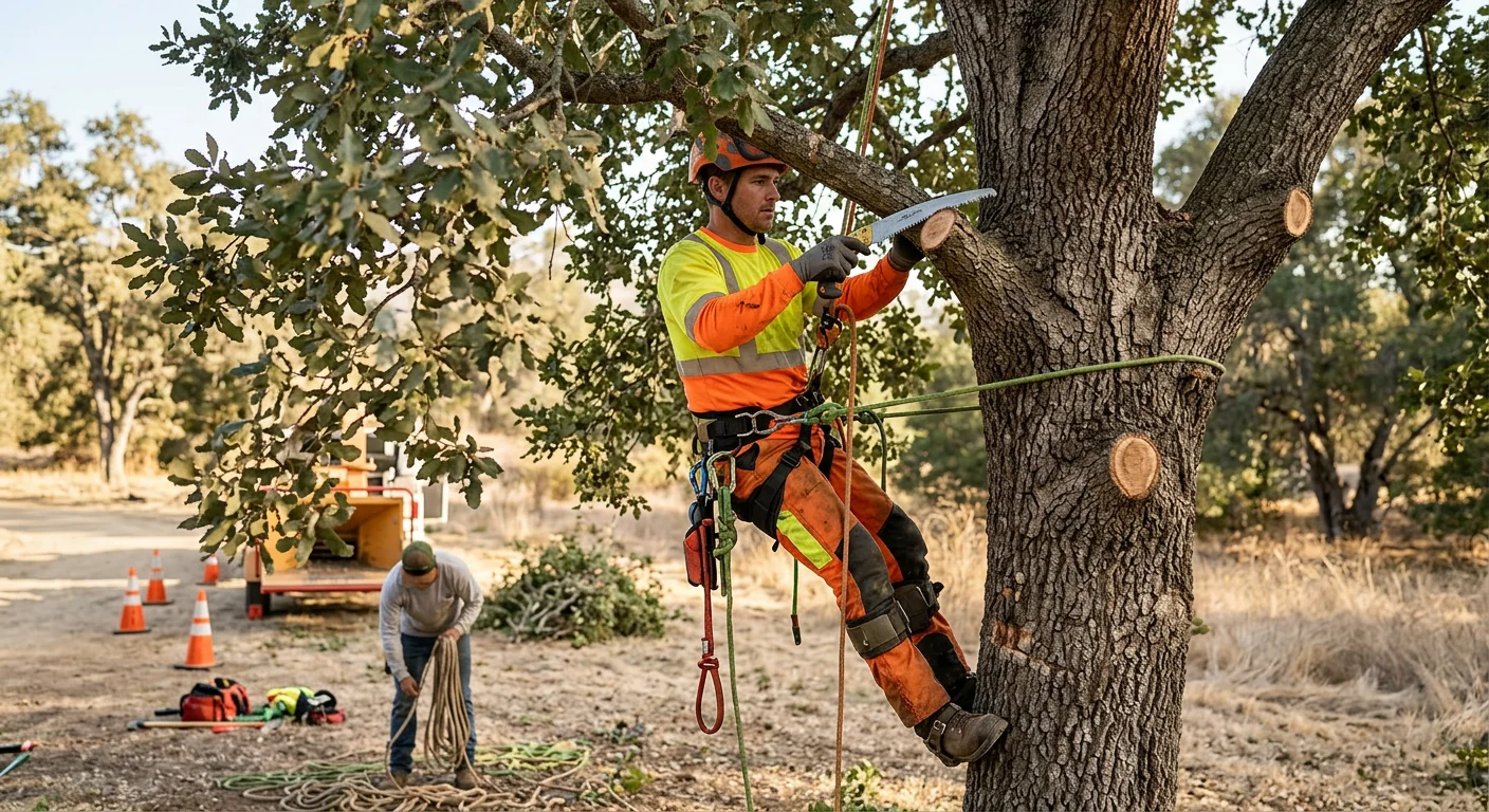 Arborist inspecting a mature oak canopy during tree health maintenance in Ojai