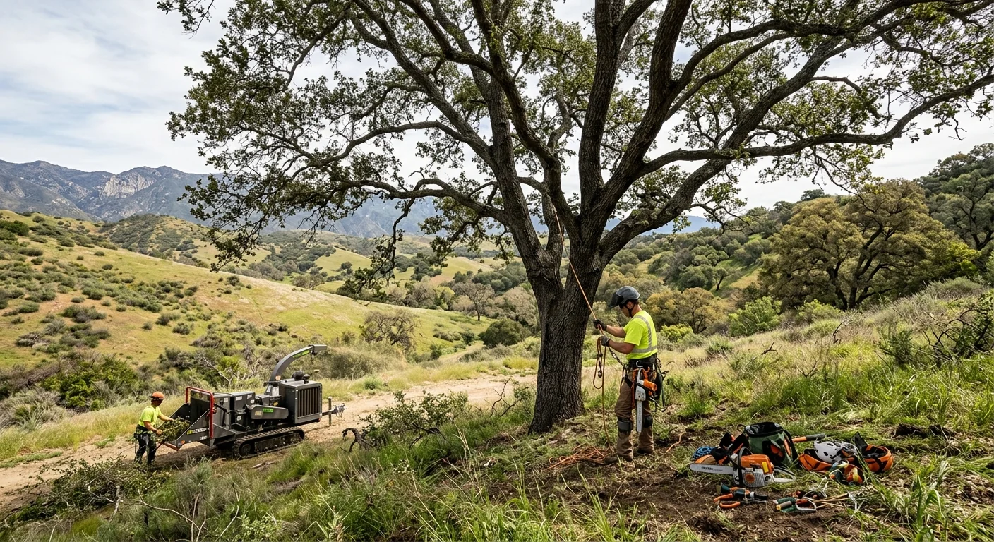Mature Oak Crown Thinning on a Hillside Property