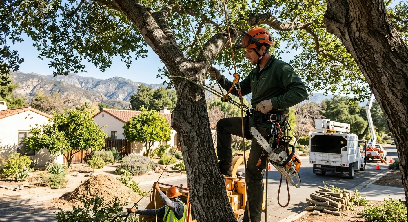 Trained technician making a precise pruning cut on a residential tree in Ojai