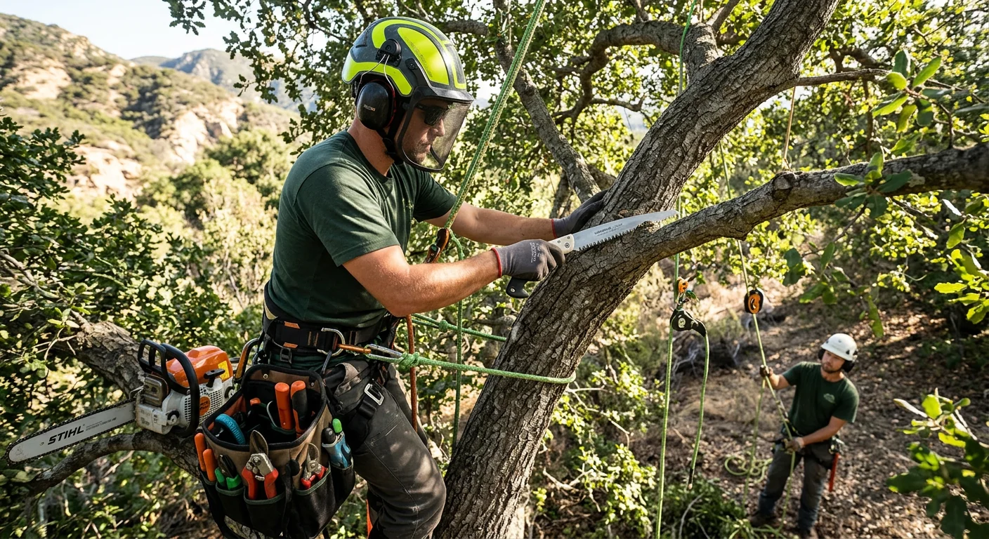 Arborist setting a new tree root ball at correct grade on an Ojai property