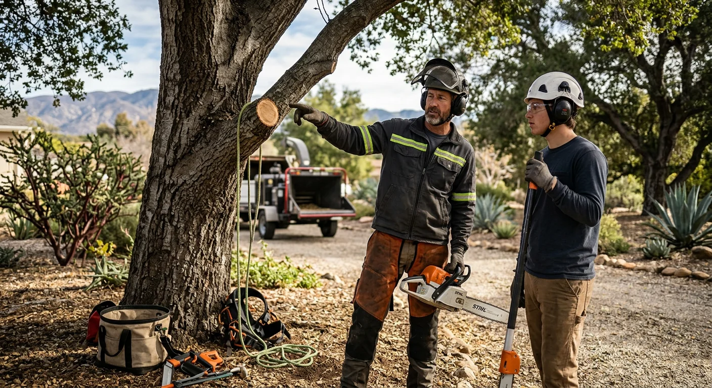 Technicians staking and mulching a newly planted tree during an Ojai installation