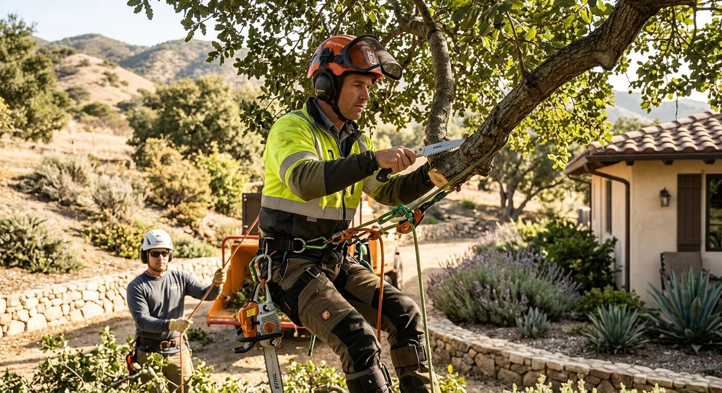 Arborist reviewing canopy structure before pruning a mature oak in Ojai