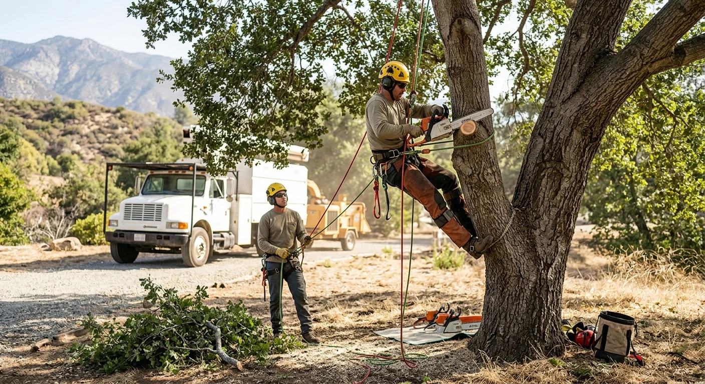 Arborist pruning a mature oak canopy in a residential Ojai yard