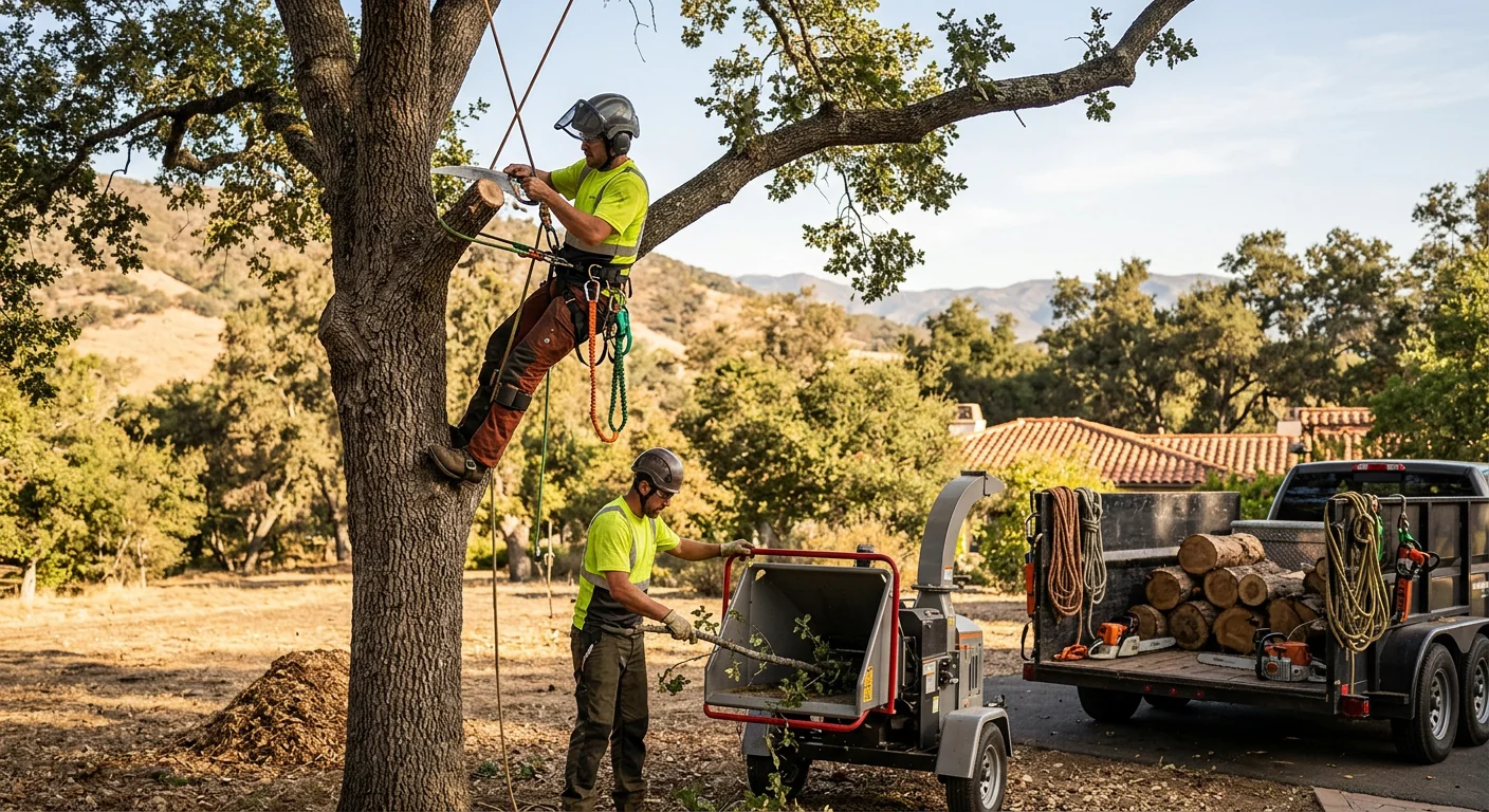 Arborist making a precise pruning cut on a mature oak canopy in Ojai