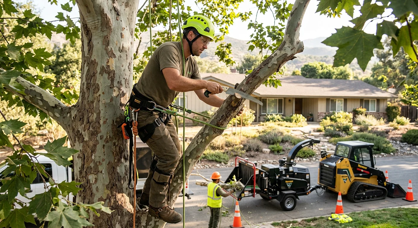 Technician making a precise pruning cut on a shade tree in Ojai