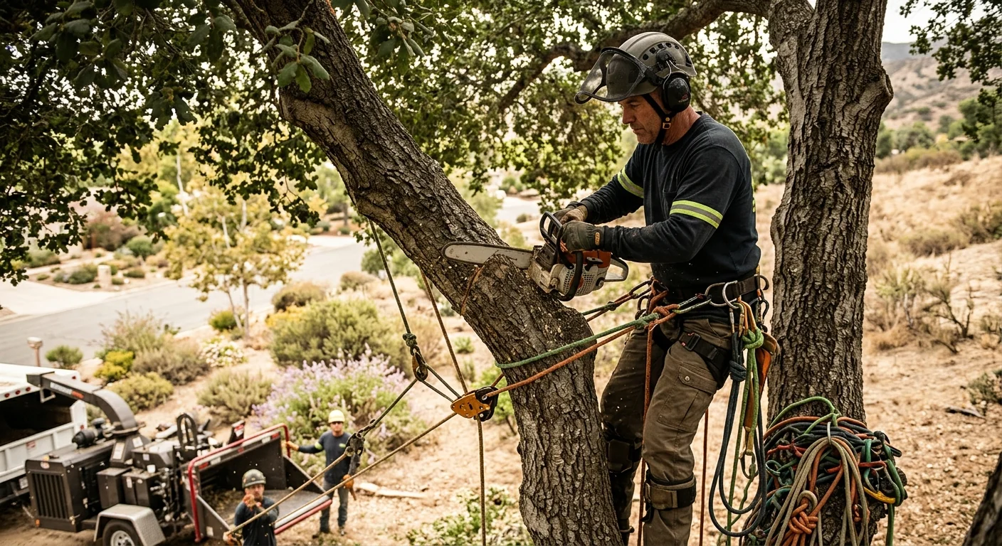 Arborist measuring a large tree before removal on an Ojai residential property