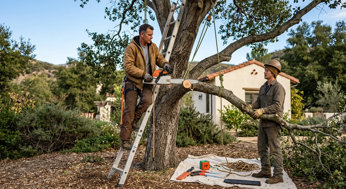 Tree removal crew preparing equipment for a residential property in Ojai