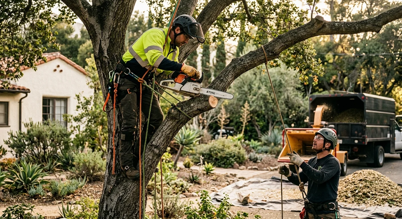 Arborist sectioning a large tree with rigging lines on an Ojai residential property
