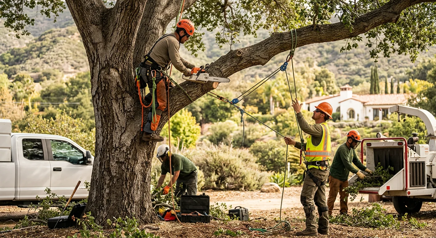 Leaning decayed tree with lifted roots threatening a home in Ojai after a storm