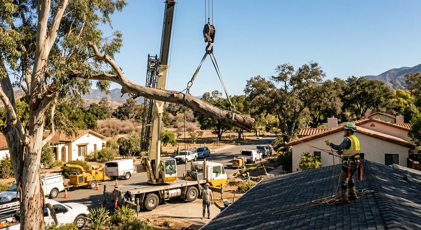 Crane-Assisted Eucalyptus Removal Near Structures