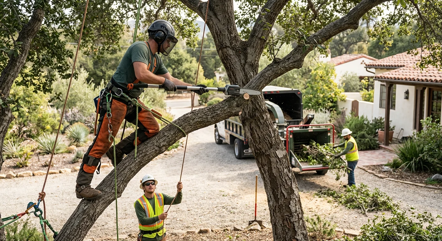 Tree service crew safely rigging and removing a large tree near an Ojai home